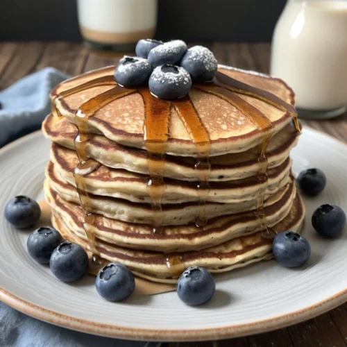 Stack of fluffy sourdough protein pancakes topped with fresh blueberries and a drizzle of maple syrup on a white plate.