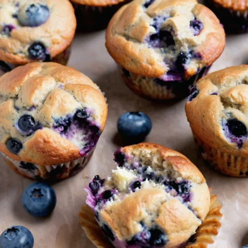 Freshly baked blueberry protein muffins arranged on a cooling rack, with a golden-brown top and juicy blueberries bursting from the moist muffins.