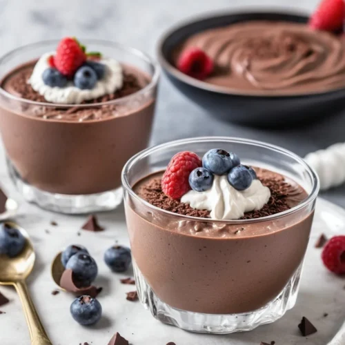 A glass bowl filled with creamy high-protein chocolate mousse, garnished with fresh blueberries