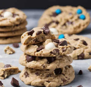 A stack of soft and chewy protein cookie dough cookies filled with chocolate chips, white chocolate pieces, and blue candy-coated chocolates.