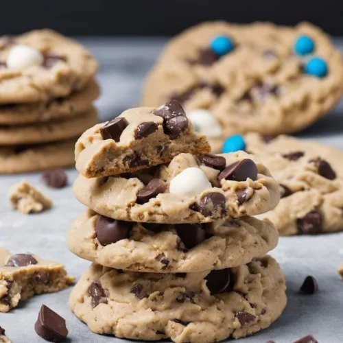 A stack of soft and chewy protein cookie dough cookies filled with chocolate chips, white chocolate pieces, and blue candy-coated chocolates.