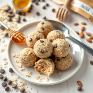 Delicious cake batter protein balls served on a white plate, surrounded by oats, chocolate chips, and honey.