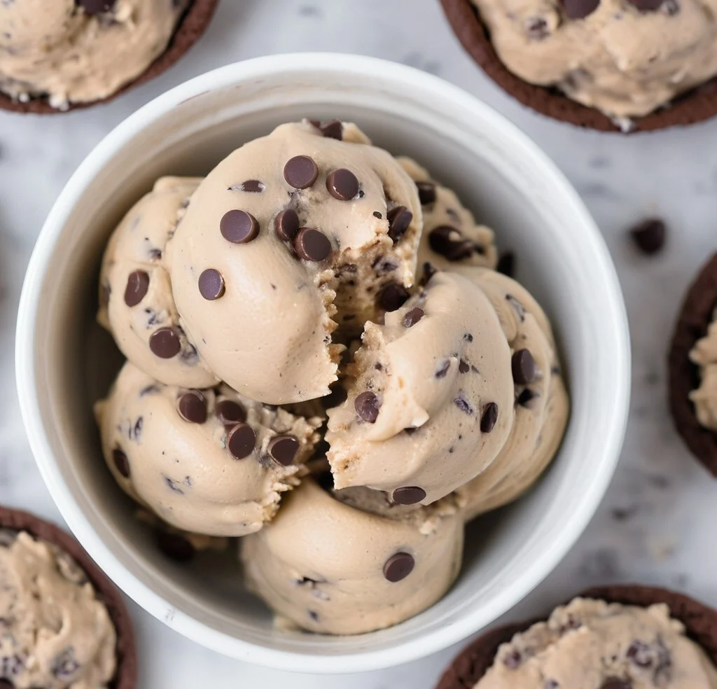 Creamy protein cookie dough in a bowl with chocolate chips, almond flour,– healthy, no-bake snack recipe